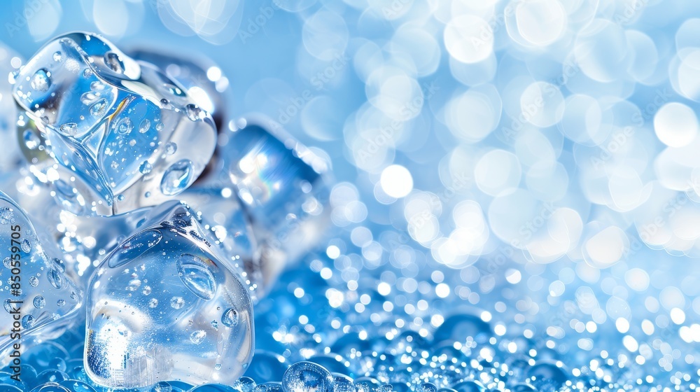 Cold blue ice cubes panoramic banner on bluish background in light cold blue color Cold blue ice cubes panoramic banner on bluish background in light cold blue color