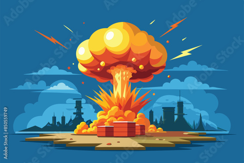 An explosion in the sky over a silhouetted city, Explosion Customizable Semi Flat Illustration