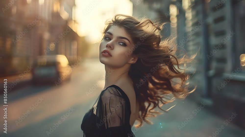 Sexy fashion model woman walking along city street gray sidewalk Long loose brunette hair fly in wind motion Wave curl hairstyle Black evening trendy prom dress Beauty strong face eleg : Generative AI Sexy fashion model woman walking along city street gray sidewalk Long loose brunette hair fly in wind motion Wave curl hairstyle Black evening trendy prom dress Beauty strong face eleg : Generative AI