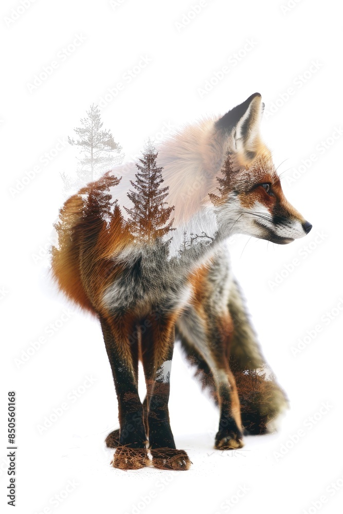 Fototapeta premium Majestic Fox Silhouette Merged with Forest Landscape Illustration