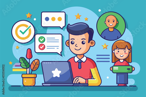 Cartoon illustration depicting a man providing feedback on a laptop, Feedback Customizable Cartoon Illustration