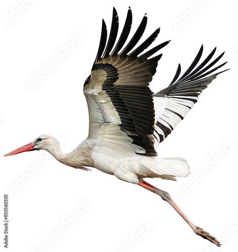 Flying white stork isolated on a transparent background