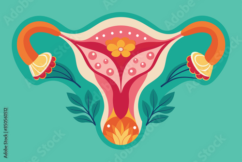 A colorful, stylized illustration of the female reproductive system with floral accents, Female reproductive system Customizable Semi Flat Illustration