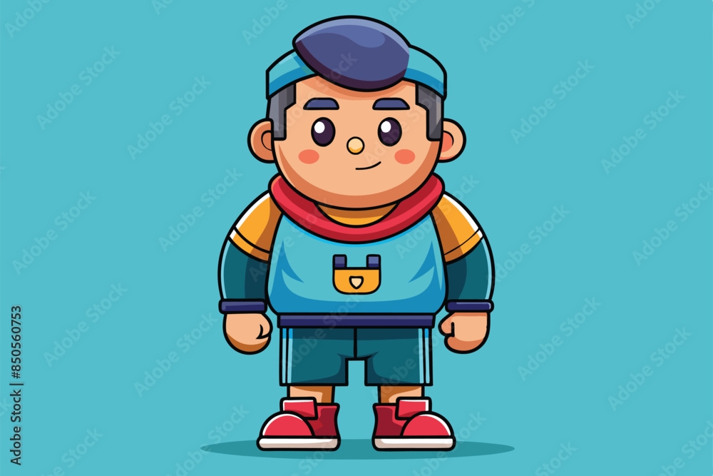 Cartoon illustration of a boy wearing a blue shirt, red scarf, and blue pants, Fitting piece Customizable Cartoon Illustration Cartoon illustration of a boy wearing a blue shirt, red scarf, and blue pants, Fitting piece Customizable Cartoon Illustration