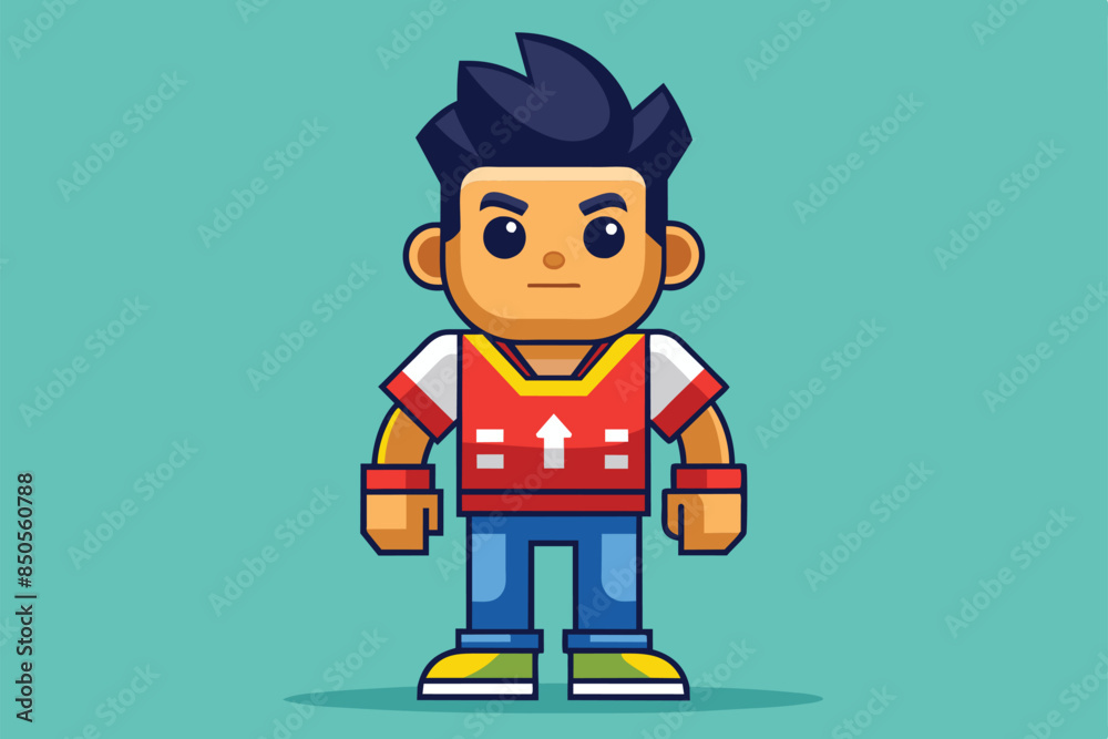 A cartoon illustration of a boy in a red and white shirt with spiky black hair, standing in front of a turquoise background, Fitting piece Customizable Cartoon Illustration A cartoon illustration of a boy in a red and white shirt with spiky black hair, standing in front of a turquoise background, Fitting piece Customizable Cartoon Illustration