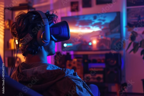 Gamer Engages in Virtual Reality Experience in a Colorful Room at Night © LMNZR