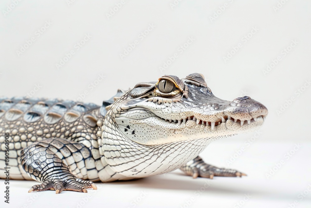 Fototapeta premium A close-up shot of a plastic alligator toy sitting on a white surface