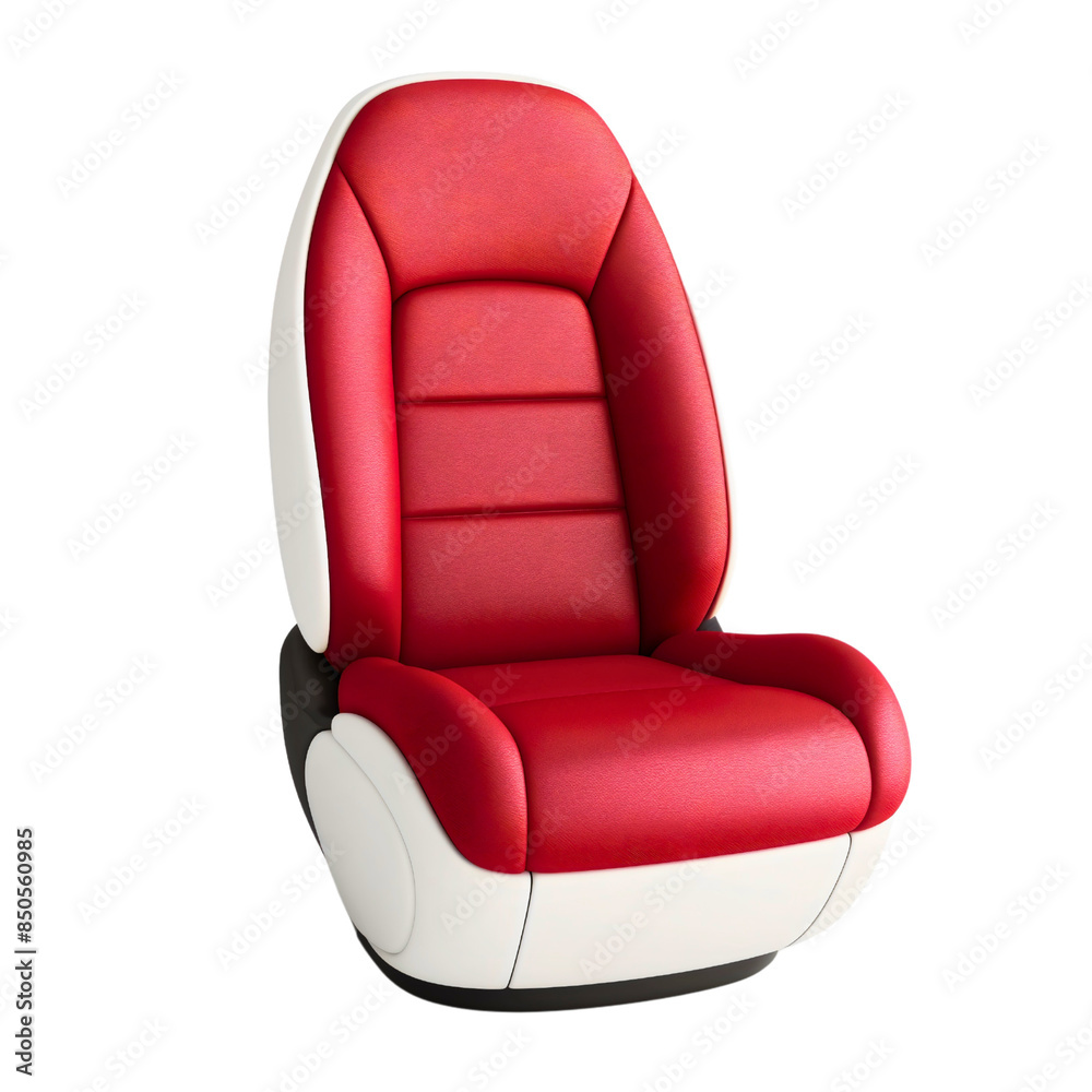 Naklejka premium Red and white car chair seat isolated on transparent background, comfortable automobile transportation for a driver, interior vehicle equipment