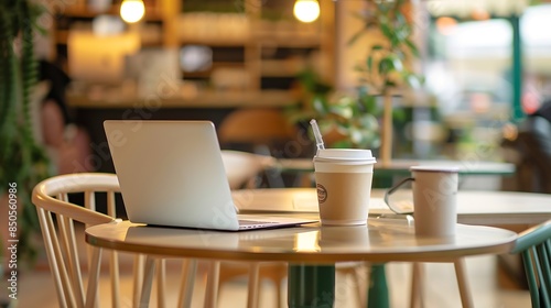 Wallpaper Mural Close up view of coworking space table at cafe with laptop stationery and blurry cafe interior in the background : Generative AI Torontodigital.ca
