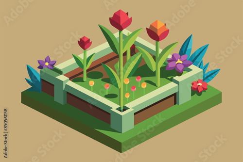 A vibrant, isometric illustration of a flower garden with red, orange, and purple flowers, surrounded by green plants, Flowers Customizable Isometric Illustration