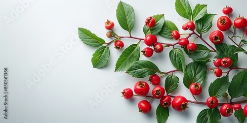 A notion of herbal remedies fruits and restorative ingredients including a branch of red curative hypericum berry fruits with foliages encircling a white setting and space, Generative AI.