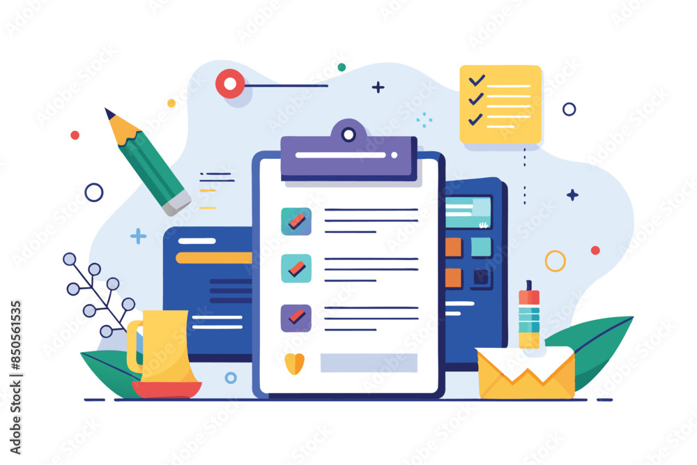 A colorful illustration showing a clipboard with a checklist, a pencil, a coffee cup, and a calculator, Forms Customizable Flat Illustration A colorful illustration showing a clipboard with a checklist, a pencil, a coffee cup, and a calculator, Forms Customizable Flat Illustration