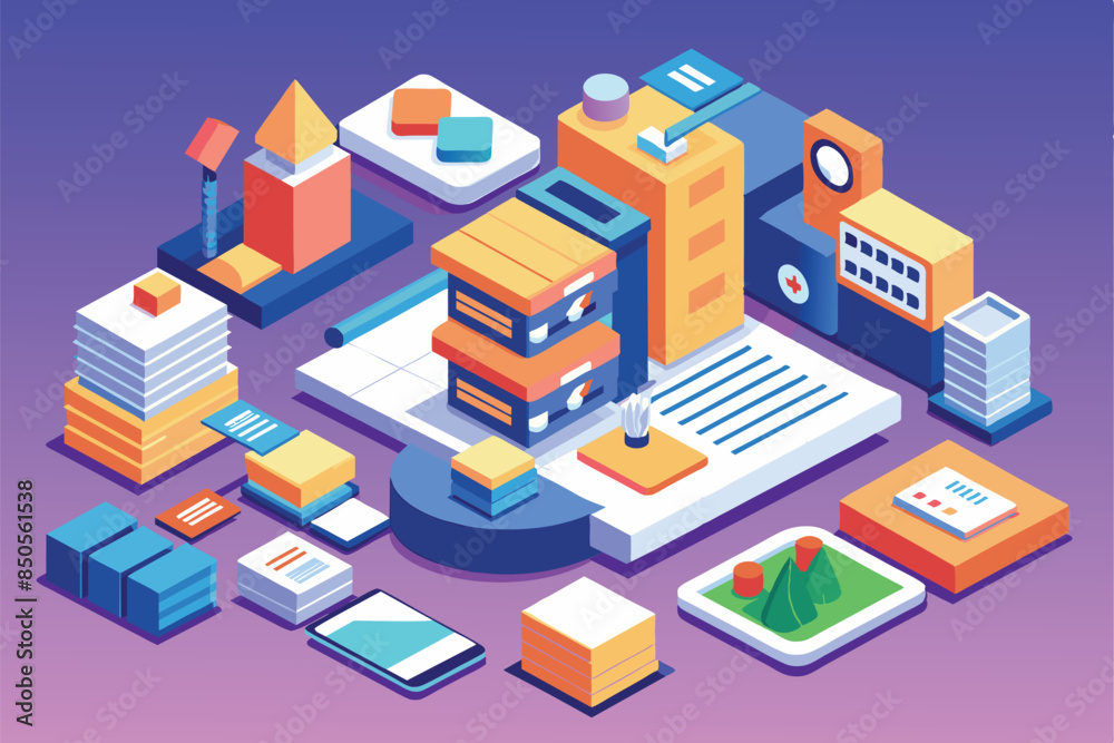 An illustration showcasing a modern cityscape with geometric buildings and a paper document in the center, Forms Customizable Isometric Illustration An illustration showcasing a modern cityscape with geometric buildings and a paper document in the center, Forms Customizable Isometric Illustration