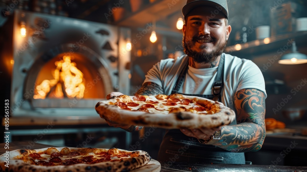 Chef holding pizza with oven in the background - A confident chef with tattoos and a smile displays a freshly baked pizza with a blazing oven in the background Chef holding pizza with oven in the background - A confident chef with tattoos and a smile displays a freshly baked pizza with a blazing oven in the background