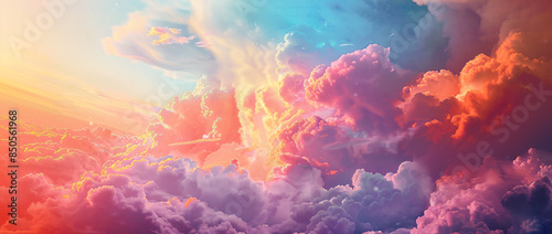 A surreal digital painting of an endless sky filled with vibrant, swirling clouds in various colors, creating a dreamlike and fantastical atmosphere.