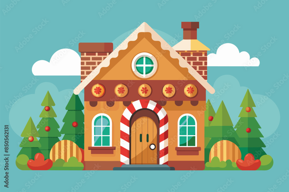 A gingerbread house with a candy cane archway sits in front of Christmas trees, with a blue sky and clouds in the background, Gingerbread house Customizable Semi Flat Illustration