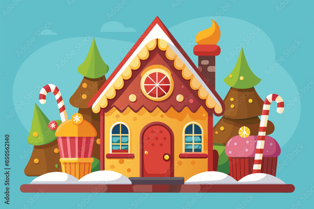 A gingerbread house with candy canes and snow-covered ground in a whimsical winter setting, Gingerbread house Customizable Disproportionate Illustration A gingerbread house with candy canes and snow-covered ground in a whimsical winter setting, Gingerbread house Customizable Disproportionate Illustration