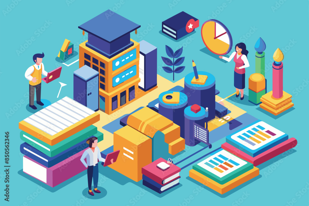 Isometric illustration of a school building with stacks of books and people studying around it, Grades Customizable Isometric Illustration Isometric illustration of a school building with stacks of books and people studying around it, Grades Customizable Isometric Illustration