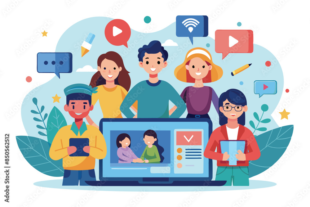 Friends are video calling on a laptop with colorful icons, Group video Customizable Flat Illustration Friends are video calling on a laptop with colorful icons, Group video Customizable Flat Illustration