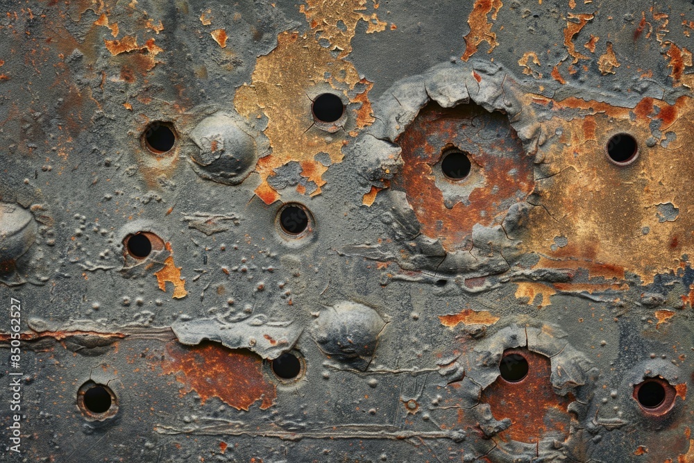 Industrial metal surface with rusty texture and various sized holes, suitable for use in backgrounds or industrial-themed designs