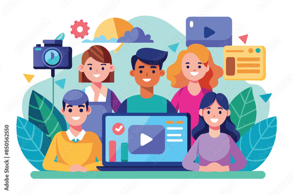 Image of people on video call, laptop screen with play button, digital elements, all smiling and diverse, Group video Customizable Semi Flat Illustration Image of people on video call, laptop screen with play button, digital elements, all smiling and diverse, Group video Customizable Semi Flat Illustration