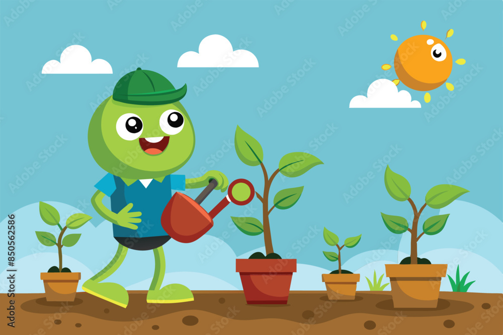 Obraz premium A cartoon character with a watering can waters a plant in a garden, Growing Customizable Cartoon Illustration