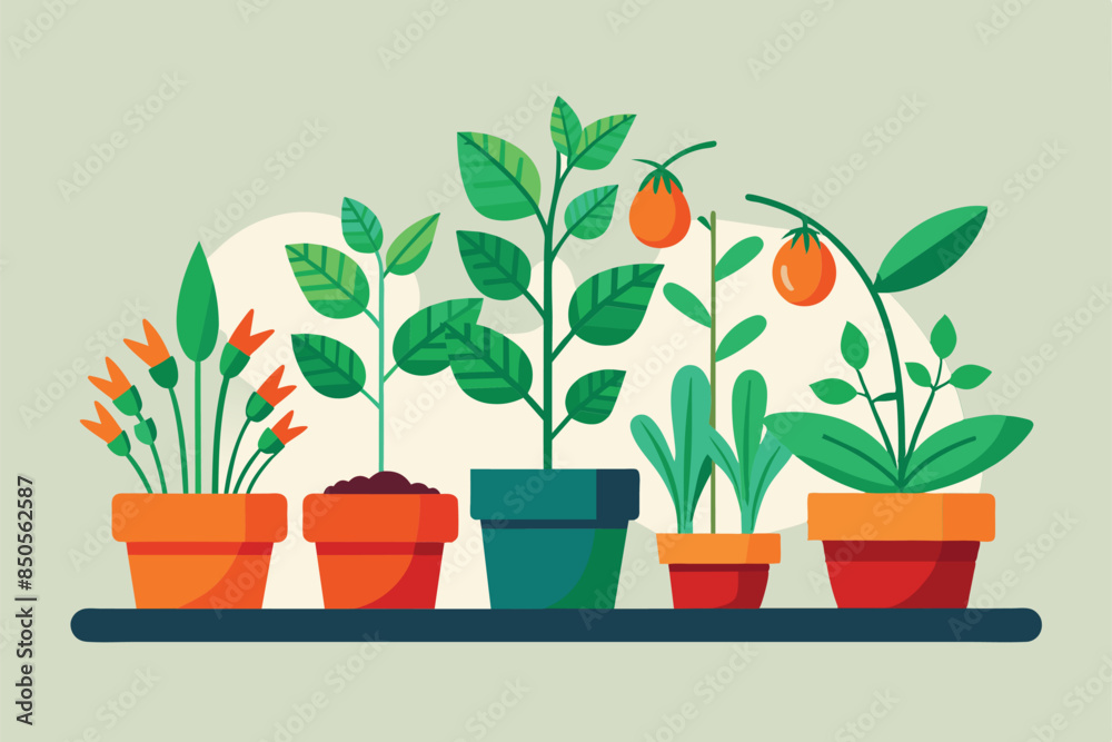 An illustration of six potted plants, each with unique colors and textures, sitting on a dark shelf, Growing Customizable Disproportionate Illustration An illustration of six potted plants, each with unique colors and textures, sitting on a dark shelf, Growing Customizable Disproportionate Illustration