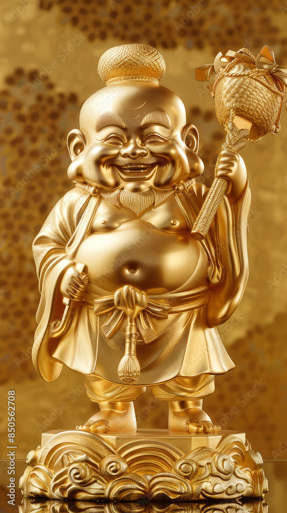 Obraz premium Golden Chinese deity statue with flowers - A golden statue of a Chinese deity adorned with flowers and intricate designs, set against a golden backdrop
