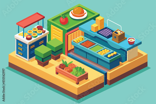 Isometric illustration of a customizable healthy food stall with fresh fruits, vegetables, and other ingredients, Healthy options Customizable Isometric Illustration