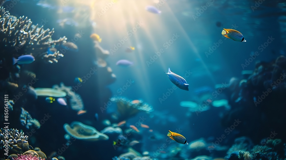 Naklejka premium underwater coral reef landscape super wide banner background in the deep blue ocean with colorful fish and marine life : Generative AI