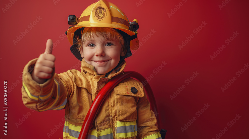 Smiling child firefighter holding a toy fire hose and giving a thumb-up gesture on a red background. Great for editorial and role-playing concepts. Smiling child firefighter holding a toy fire hose and giving a thumb-up gesture on a red background. Great for editorial and role-playing concepts.
