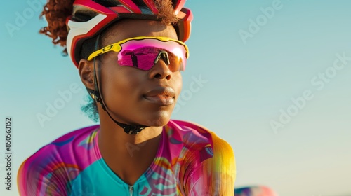 Cyclist with vibrant gear and helmet, gazing ahead, reflecting the road in her mirrored sunglasses. photo