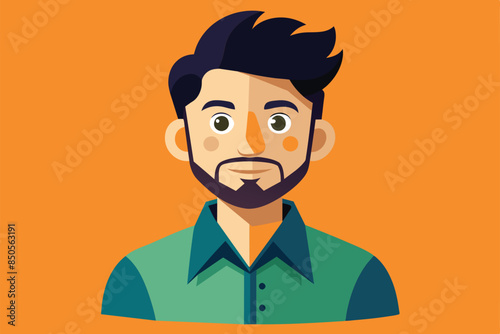 A flat, cartoon-style illustration of a man with a beard, wearing a green shirt, against an orange background, Hello Customizable Disproportionate Illustration
