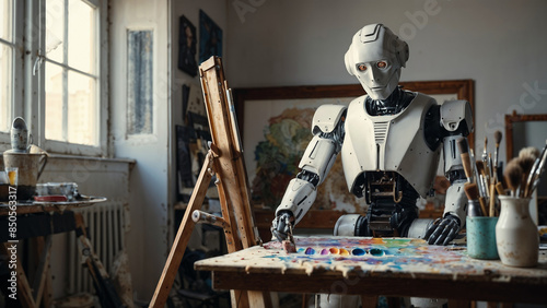 Futurist Artificial Intelligence Robot painting a pictures in a messy artists studio