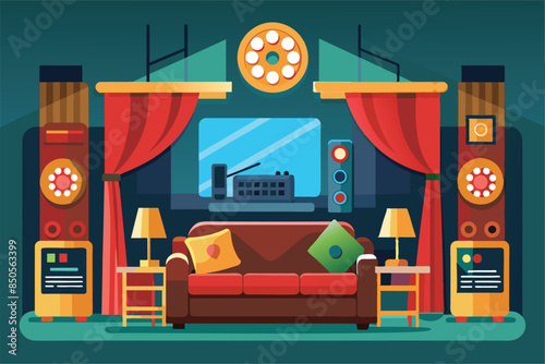 Illustration of a home theater room with a couch, speakers, and curtains, Home cinema Customizable Flat Illustration