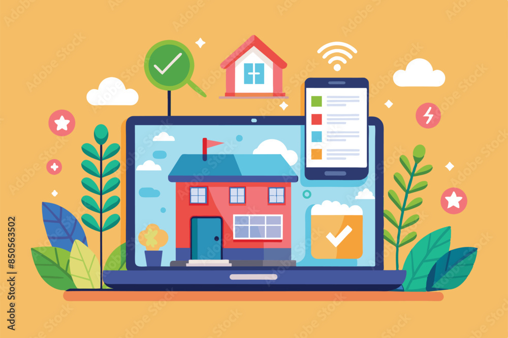 A flat illustration of a laptop screen displaying a red house with a green checkmark, Home screen Customizable Flat Illustration
