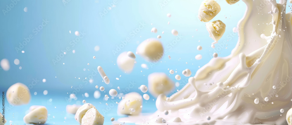 Low fat milk splattering and pouring on a blue background. A clean and isolated dairy product design for advertising and marketing purposes, emphasizing nutrition and health benefits. Low fat milk splattering and pouring on a blue background. A clean and isolated dairy product design for advertising and marketing purposes, emphasizing nutrition and health benefits.
