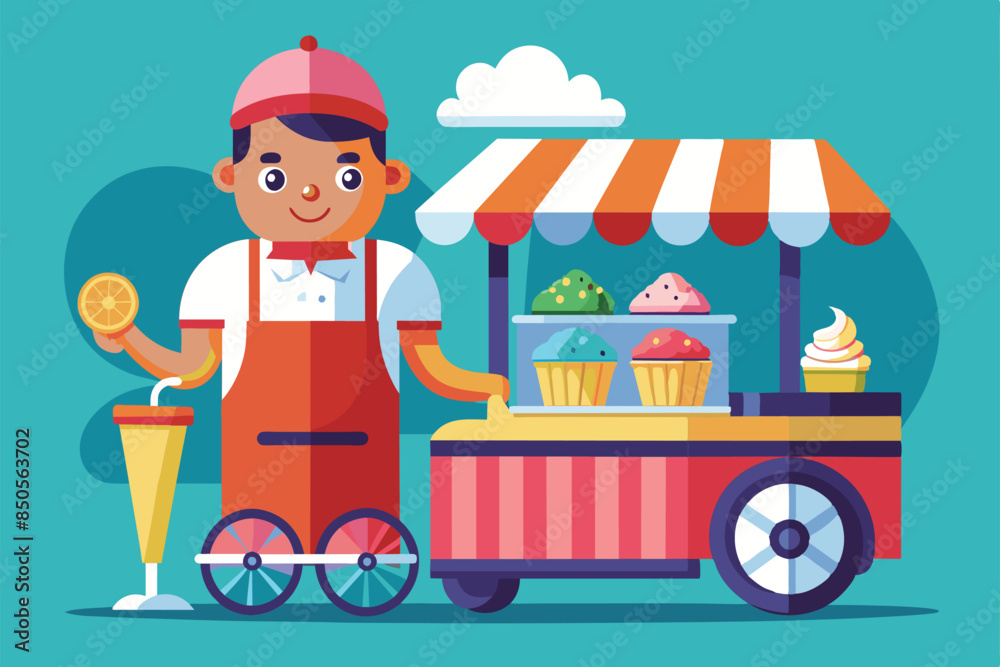 An illustration of a smiling ice cream seller standing next to his cart, ready to serve customers on a warm summer day, Ice cream seller Customizable Disproportionate Illustration An illustration of a smiling ice cream seller standing next to his cart, ready to serve customers on a warm summer day, Ice cream seller Customizable Disproportionate Illustration