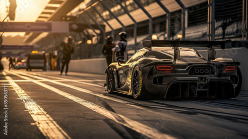A sleek racecar waits in the pit stop at sunset, with drivers and crew prepar...