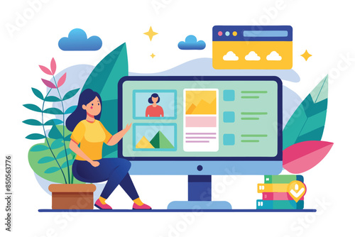 An illustration depicts a person using a customizable image viewer on a computer, Image viewer Customizable Flat Illustration