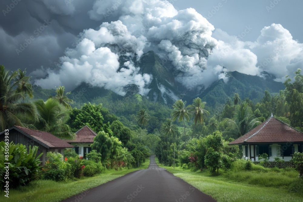 Scenic rural road leading to a mountain with dramatic clouds Scenic rural road leading to a mountain with dramatic clouds