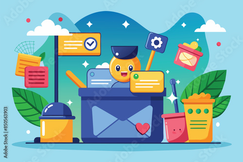 A cartoon illustration of a happy character cleaning their inbox, Inbox cleanup Customizable Cartoon Illustration
