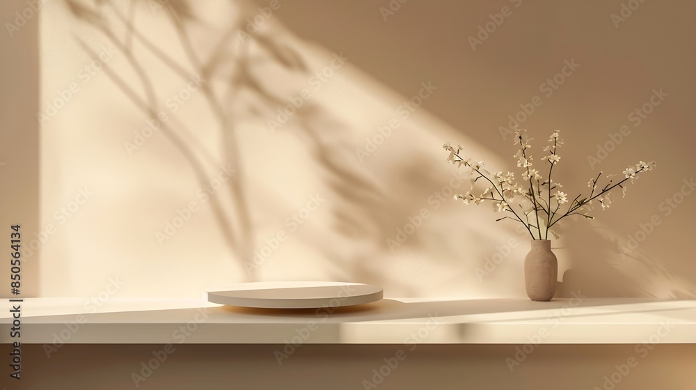 Empty shelf on a beige textured plaster wall background with aesthetic floral sun light shadows product stand or podium design template for business branding advertisement mockup with : Generative AI Empty shelf on a beige textured plaster wall background with aesthetic floral sun light shadows product stand or podium design template for business branding advertisement mockup with : Generative AI