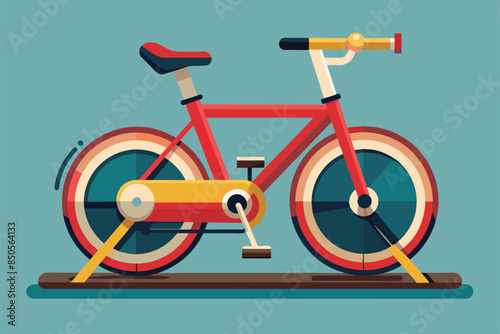 An illustration of a stationary bicycle with a red frame and colorful wheels, set against a light blue background, Indoor bike Customizable Semi Flat Illustration