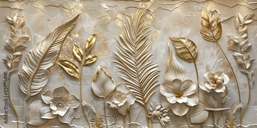 Gold floral plants and palm leaves Wallpaper Mural, 3d illustration, grey background, abstract tropical leaves, banana leaves with 3d lines. AI generated illustration