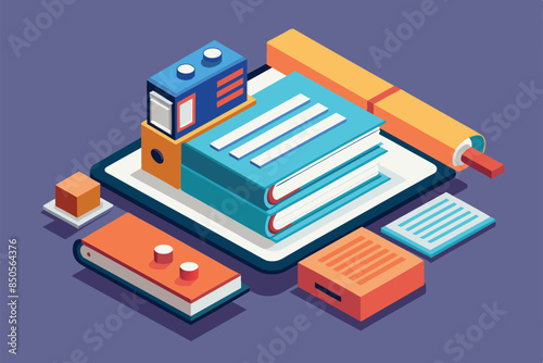 An isometric illustration of an instruction manual with other office supplies on a desk, Instruction manual Customizable Isometric Illustration