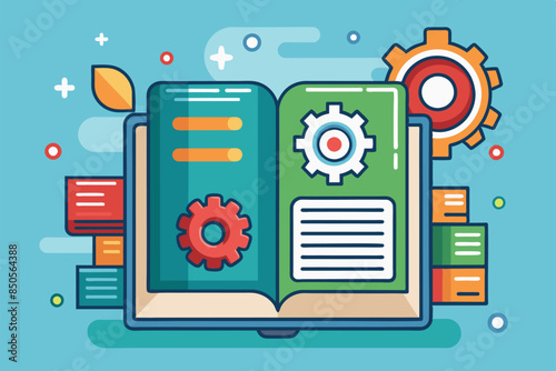 A colorful, semi-flat illustration of an open instruction manual with gears, Instruction manual Customizable Semi Flat Illustration