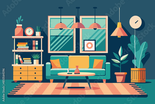 A colorful illustration depicting a modern living room interior design featuring a sofa, coffee table, and plants, Interior design Customizable Semi Flat Illustration
