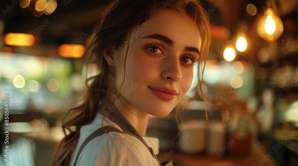A woman with long hair is wearing a white shirt, providing a simple yet elegant visual