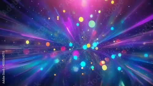 A dynamic image showcasing vibrant neon lights in an explosion of colors, featuring particles and streaks of light against a dark background. This cosmic scene captures the essence of a colorful